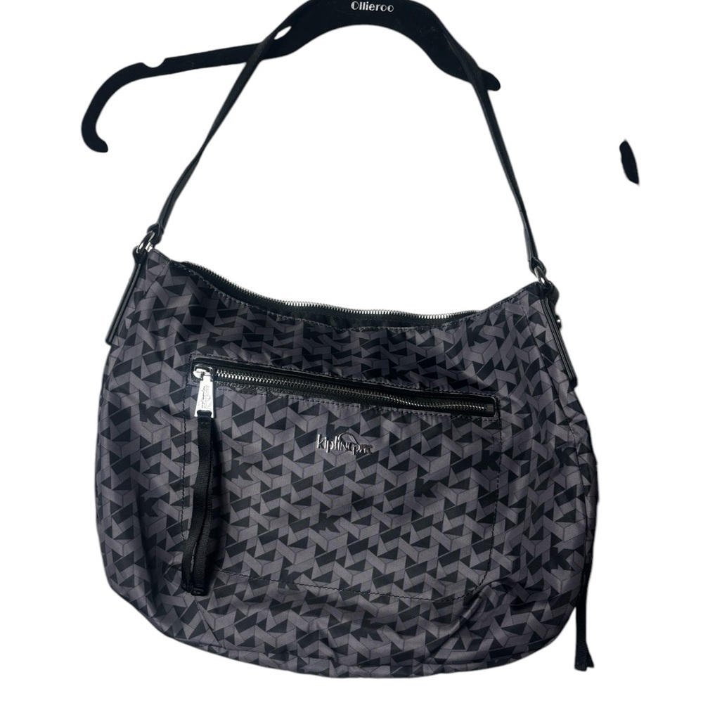 Kipling Zip Expandable Shoulder Handbag Gray Geometric Hardware HB7006 Washable - Picture 3 of 6